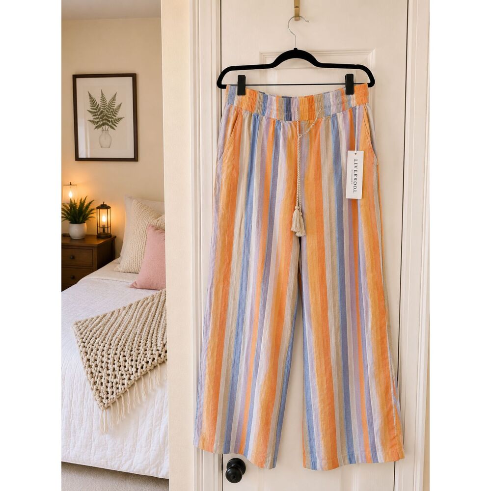 Liverpool Los Angeles Multi Stripe Linen Blend Wide Leg Pants XL NWT